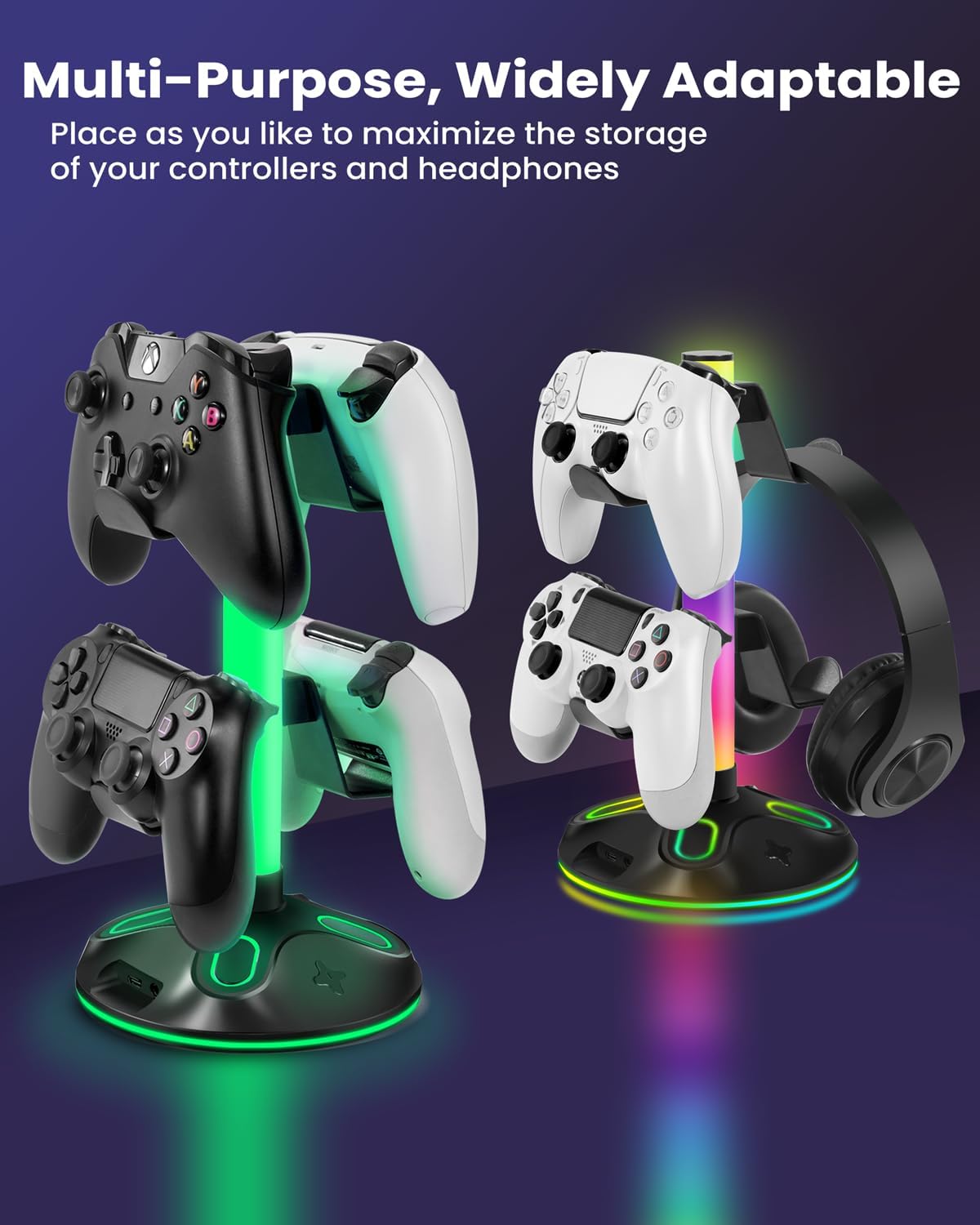 RGB Headphone Stand for Desk, Innovative Headset Stand with 9 Light Modes - Controller Holder with USB Charging and Type-c Port, Gamepad Earphone Accessories (Black) - Image 7