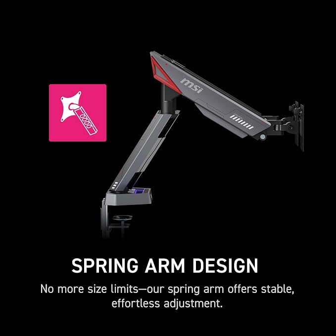 MSI MPG MT161DR - Premium RGB Dual Monitor Stand Arms, 17-38" Support, VESA Compatible, Adjustable Spring Assisted Mount, 35.2 lbs per Screen Capacity, Clamp & Grommet, Quick Release Plate - Black - Image 3