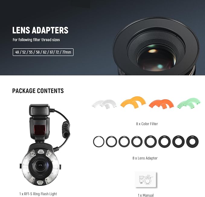 NEEWER RF1-S Marco Ring Flash Light Compatible with Sony Camera, 76Ws GN15 5600K TTL Lighting, 1-1/128 Output Front/Rear Curtain Sync Color Gels Lens Adapter Rings for Macro Photography Studio Photo - Image 9