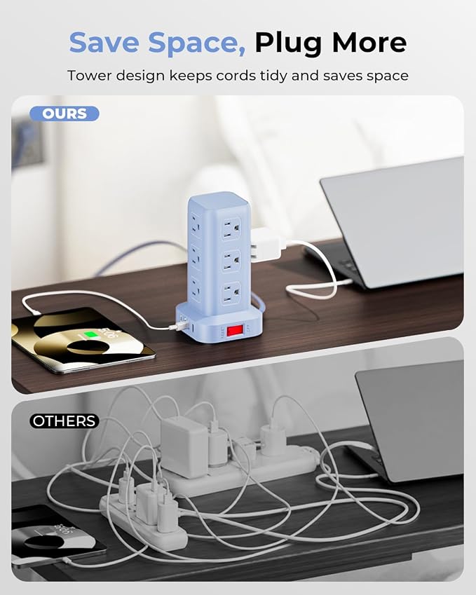 Power Strip with 12 Outlets 4 USB (1 USB C), 6.5Feet Extension Cord with Multiple Outlets, Charging Station, Blue Power Strip Tower, Home Office Desk Supplies - Image 6