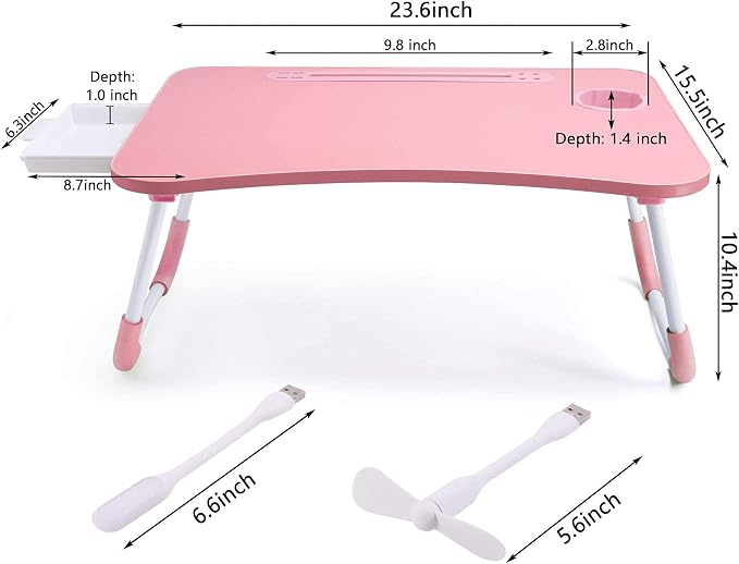 Slendor Bed Desk for Laptop and Writing with Storage, Cup Holder, Light | Fan, Pen Holder,Tablet Holder,Foldable, for Bed, Couch, Floor, Portable,Pink - Image 6