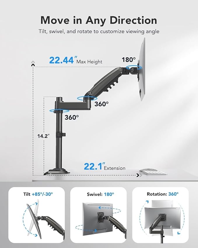 HUANUO Single Monitor Arm, Adjustable Desk Mount for 13-34 inch Screens, Holds 19.8lbs, 22.44 inch Max Height, Full Motion Swivel Gaming Monitor Stand with VESA 75x75mm and 100x100mm Compatibility - Image 3