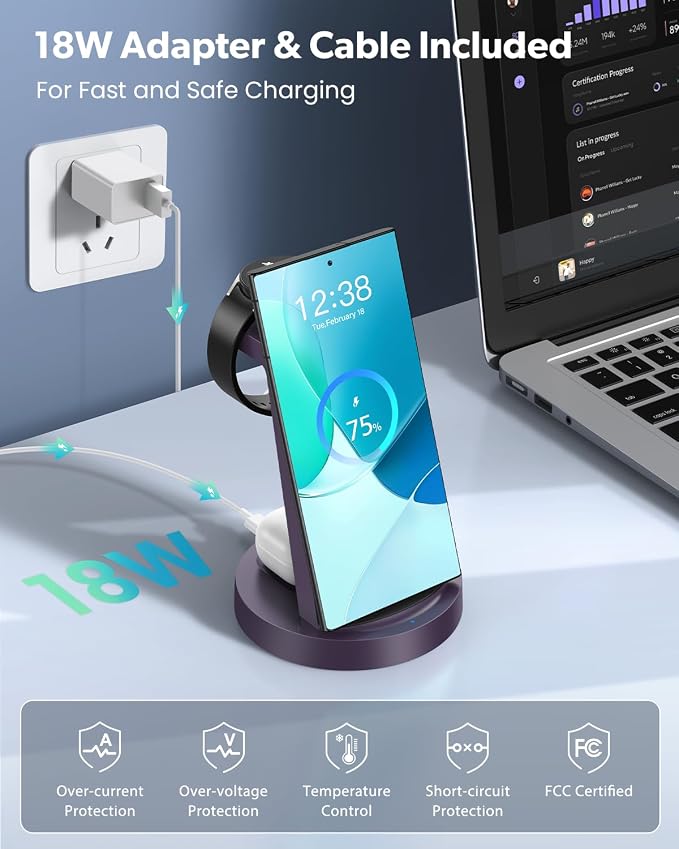 Wireless Charger for Samsung: 3 in 1 Wireless Charging Station | for Samsung Galaxy Watch 8 7 6 5 4 3 Pro S26 S25 S24 S23 S22 Ultra Z Fold Android, 18W adapter, Idea for Home Office Travel - Image 4