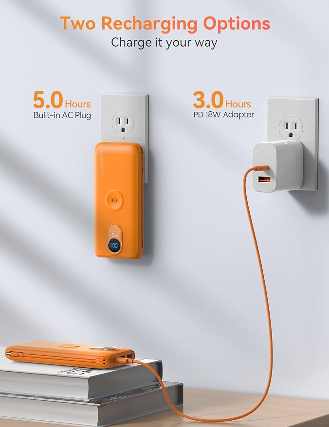 Portable Charger Power Bank 10000mAh PD20W w/Built-in Cables & AC Plug | Portable charger iphone,Fast charging, Built-in wall plug, LED display, Charge 6 devices at once, Pass through charging - Image 6