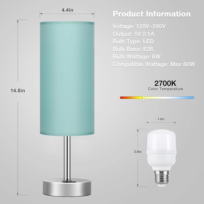 Teal Touch Table Lamp for Bedroom - Bedside Desk Lamp for College Dorm | USB A+C Ports, 3-Way Dimmable, LED Bulb Included, Teal Fabric Lampshade, Silver Metal Base, Compact 14" Night Stand Lamp - Image 4