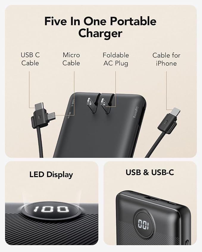 VRURC Portable Charger, Power Bank Built-in Cables and AC Wall Plug | USB C Portable Bank 10000mAh,Travel Essentials Phone Charger Compact External Battery Pack for Smart Phones,Tablets-Black - Image 2