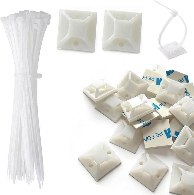 100 Set Cable Zip Tie Self Adhesive Mounts Kit with 6" Zip Ties, 3/4" Wire Holders Squares, Screws - Sticky Wire Fasteners Cable Clips Management Anchors Organizer - White by CZXNBI