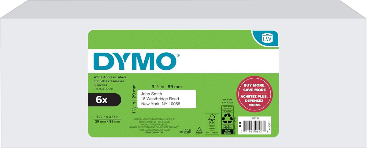 DYMO®-Branded LabelWriter Mailing Address Labels for LabelWriter Label Printers, White, 1-1/8" x 3-1/2", 6 Rolls of 350 (2100 Total) - Image 2