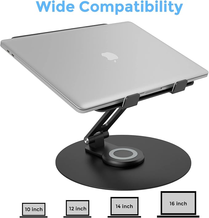 Swivel Laptop Stand for Desk, Adjustable Height Aluminum Computer Stand with 360 Rotating Base, Foldable Ergonomic Riser, Portable Laptop Holder Compatible with MacBook, All Laptops 10-17'', Black - Image 3