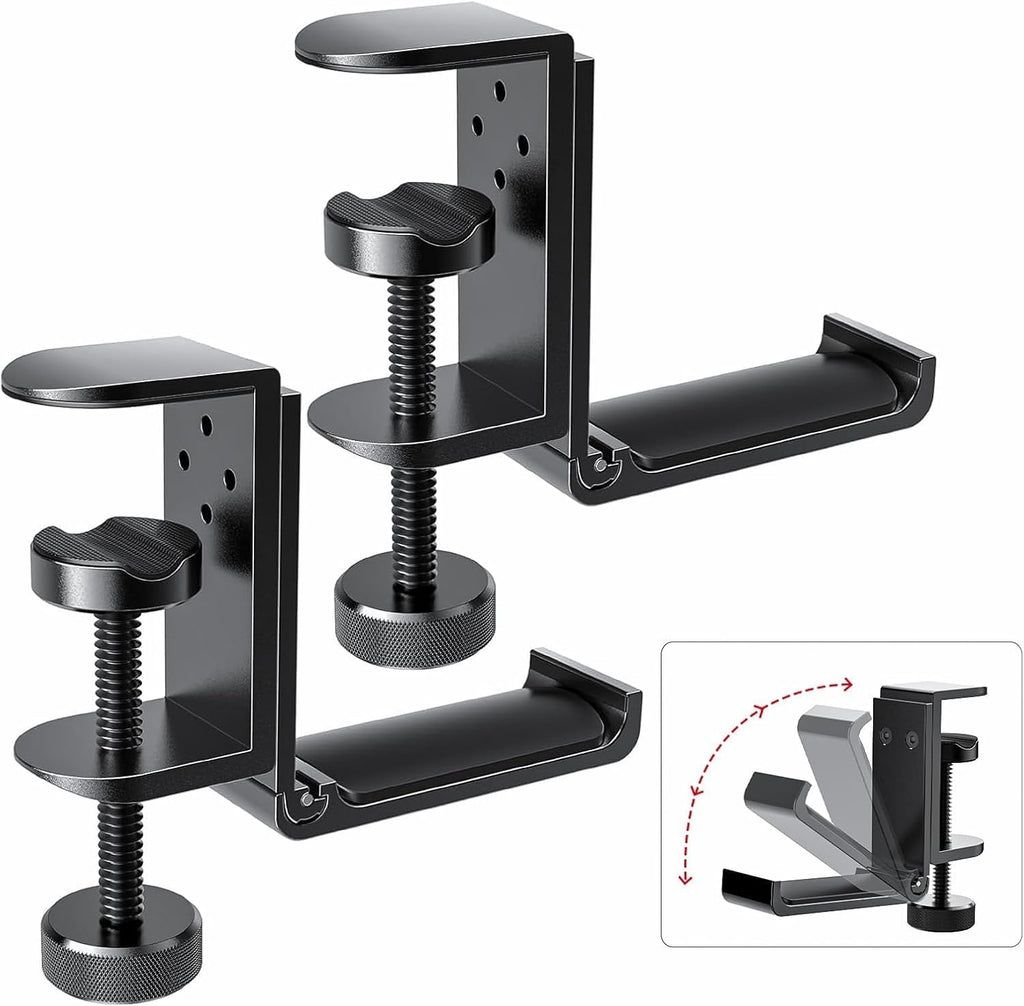 Kimiangel 2 Pack Headphone Stand Under Desk, Foldable Aluminum Headset Holder with Adjustable Screw Clamp, Headphone Hook Mount for Gaming Accessories, Space-Saving Under Table Headset Hanger by Kimiangel