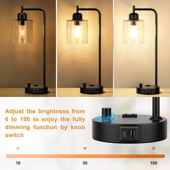 Industrial Desk Lamp, Fully Dimmable Small Bedside Table Lamp, Black, USB C | Glass Shade, USB C+A Charging Port & Outlet, Lamps for Bedroom, Night Stand, Home Office, Living Room - Image 2