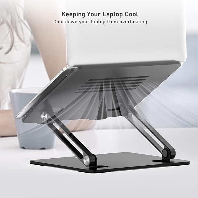 BoYata Laptop Stand, Adjustable Metal Desktop Riser, Up to 15 Inches, Black | Slide-Proof Silicone Pads and Protective Hooks Provide Stable Support for MacBook, Notebooks and Laptops up to 15 Inches - Image 6