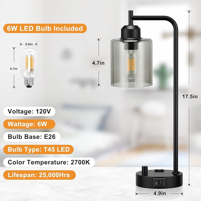 Industrial Bedside Desk Lamps for Bedroom - Grey Smoked Glass Shade Table Lamp with USB C Port, Fully Dimmable Small Lamps with USB Port and Outlet, Reading Nightstand Lamps for Office Living Room - Image 7