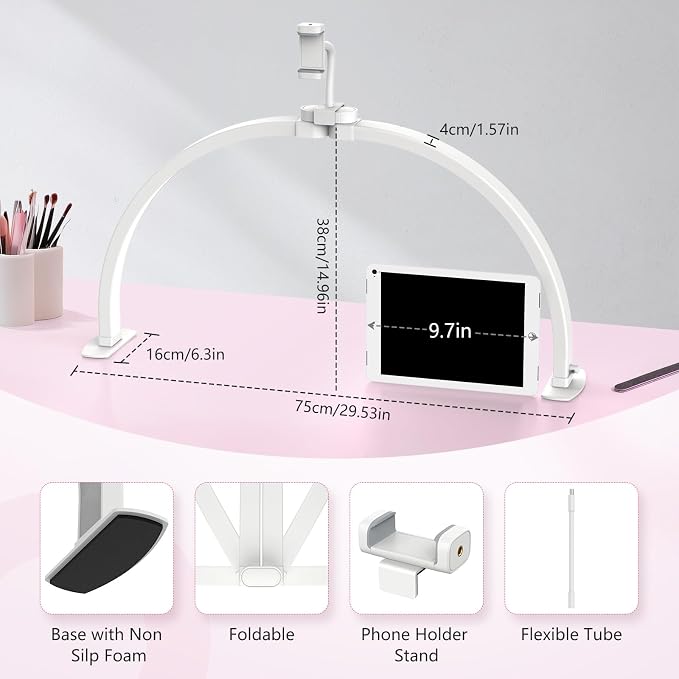 Yokilly Half Moon Light for Nail Desk: 29" Foldable Nail Light for Desk | Arch Nail Tech Light with Phone Holder for Beginner - 3 Color Modes & 10 Brightness for Manicure Salon-White - Image 4