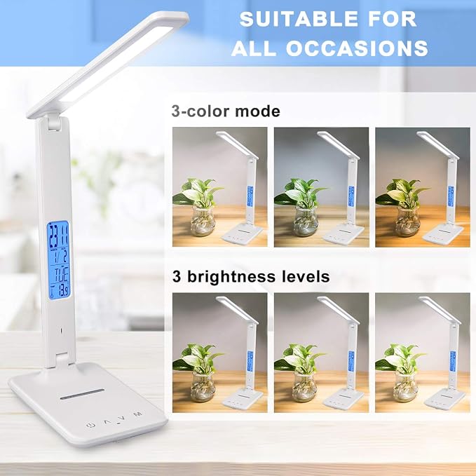 LED Desk Lamp with Wireless Charger, Suitable for Home, Office Dimmable, with USB Charging Port, Built-in Clock, Calendar, Thermometer and Automatic Timing Reading Desk Lamp. - Image 3