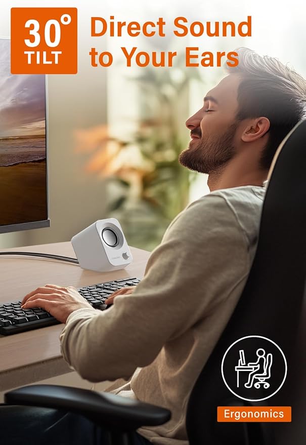 FUNLOGY Speaker - 14W Stereo PC Speakers, USB Powered, Compact Size with 30° Tilt Design, Volume Dial Control, for Desktop, Laptop, Monitor, Gaming Consoles, White - Image 2