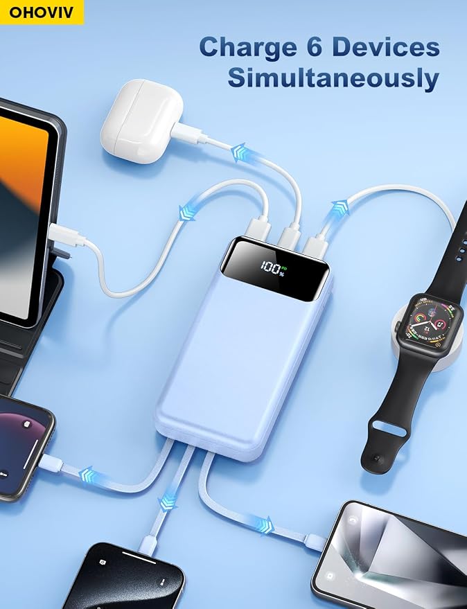 OHOVIV Portable Charger Power Bank 50000mAh,4 Built-in Cables Battery Pack | 22.5W Fast-Charge,55% in 30mins,10 Times for iPhone,Camping Travel Essential,Compatible with iPhone,Samsung,Tablet,Blue - Image 8