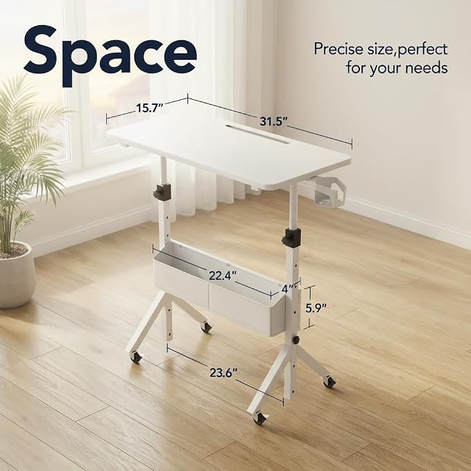 HUANUO Mobile Standing Desk with Wheels and Storage Basket, Height Adjustable 28.7"-46.1" Rolling Desk for Walking Pad, Small Space Laptop Computer Workstation for Home Office,White - Image 3