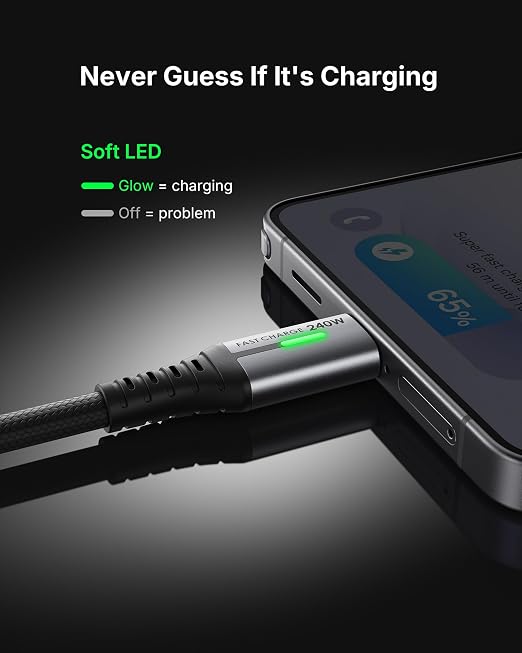 INIU 240W USB C to USB C Cable, [6.6ft+6.6ft] Fast Charging Type C Cord | Nylon Braided, Fast Charging, LED Indicator, USB-C Data Transfer, for iPhone 17 16 Pro, MacBook Pro, iPad, Samsung S26 etc - Image 5