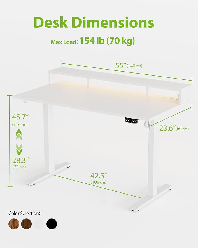 Agilestic 55 * 24 Inch Electric Standing Desk with Shelf & Led, White | Electric Height Adjustable, Outlets&Led, Monitor Stand, Sturdy Steel Frame, Memory Presets, Hooks, 154 lbs, Splice Board - Image 2