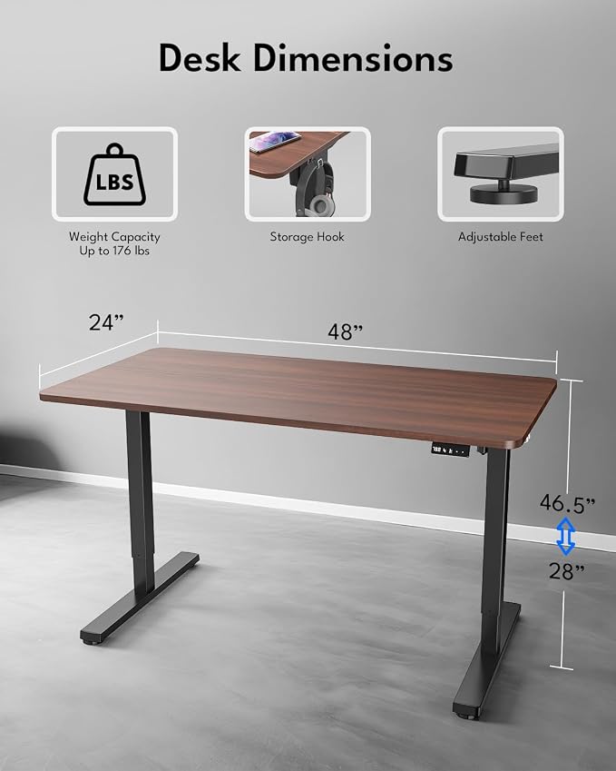 Electric Standing Desk, Gaming Desk, 48 x 24 Inch, Walnut | Height Adjustable Computer Desk with Smart Controller, Sit and Stand Up Table for Home, Office, Work, Study, Writing - Image 3