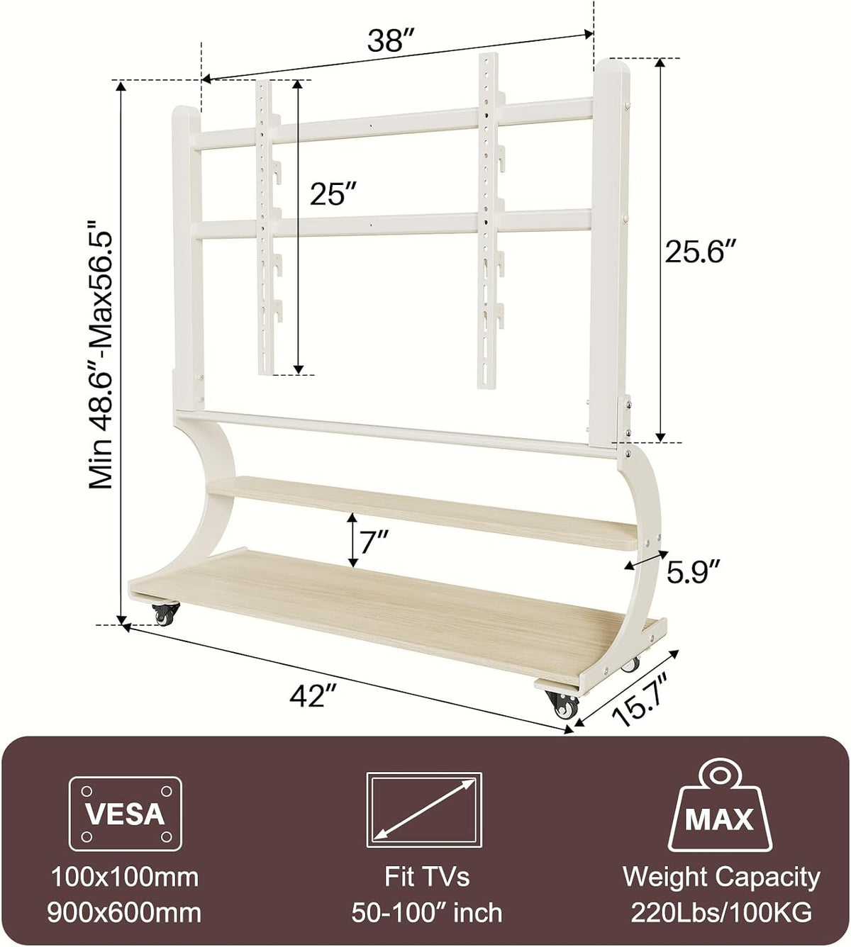 Easel Rolling TV Stand on Wheels for 50-100 Inch TVs with 2-Tier Shelves - Image 2