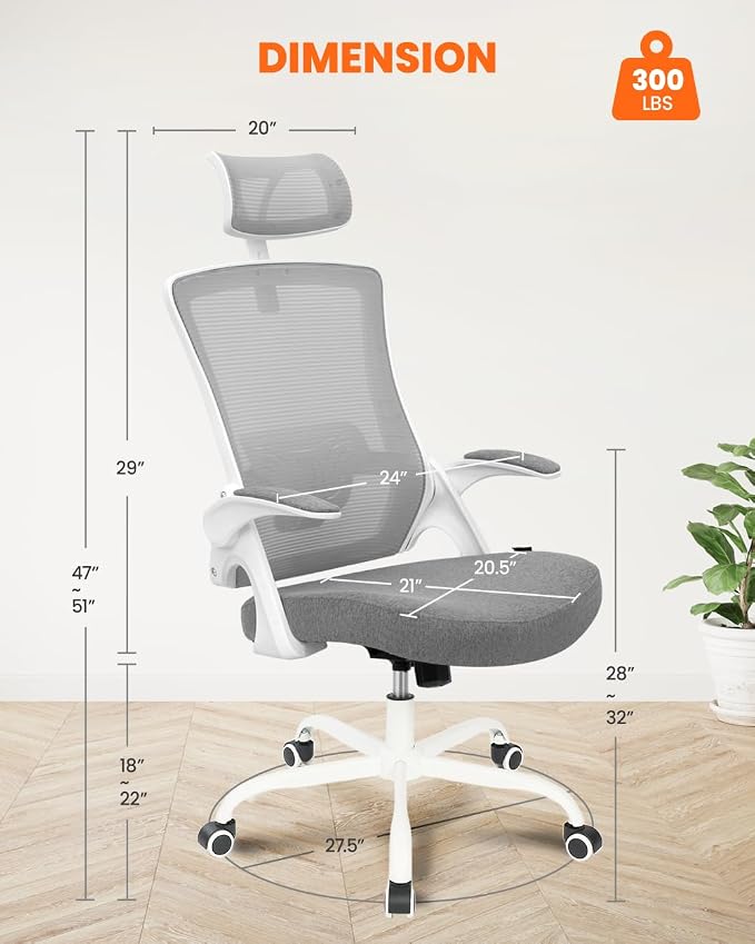 NEO CHAIR Office Chair with Adjustable Ergonomic Lumbar Headrest, Grey | Ergonomic Mesh Back Support with a Height-Adjustable Headrest and Flip-Up Armrests for All-Day Office and Computer Work - Image 2