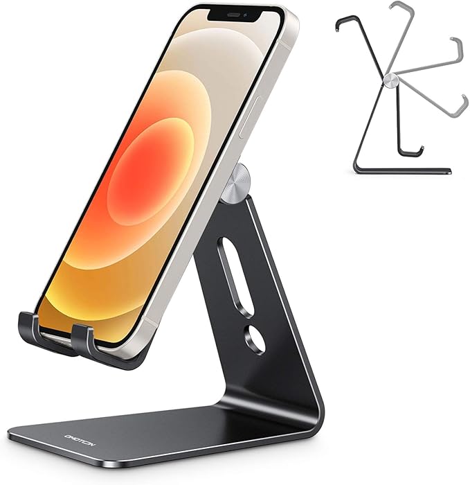 OMOTON C2 Adjustable Aluminum Cell Phone Stand with Charging Cutout, Black | Sturdy 3mm Base with Non-Slip Silicone Pads, Multi-Angle, Works with 19mm Thick Cases Smartphones, Desktop Recording Facetime by OMOTON