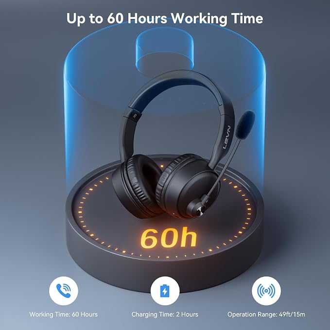 Wireless Headset with Mic for Work, Wireless Headset with Microphone AI Noise Cancelling, Bluetooth 5.3, 60H Battery, Mute Button, Comfortable Over Ear Headphones for PC, Laptop, Call Center, Office - Image 4