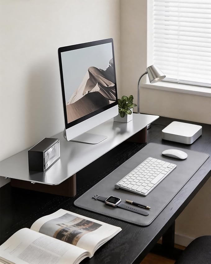 Aluminum Monitor Stand Riser, Ergonomic Desktop Shelf with Wooden Legs - 31.5” Wide Heavy Duty Computer Stand for Home Office, Universal Desktop Monitor Riser for PC, iMac, MacBook, Laptop - Image 6
