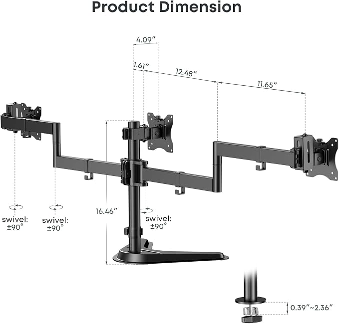 Triple Monitor Stand fits 3 Screens up to 27 Inches, Freestanding | Cable Management, Heavy Duty, Fully Adjustable, Weighted Base, 22 lbs Capacity per Arm, Black - Image 7