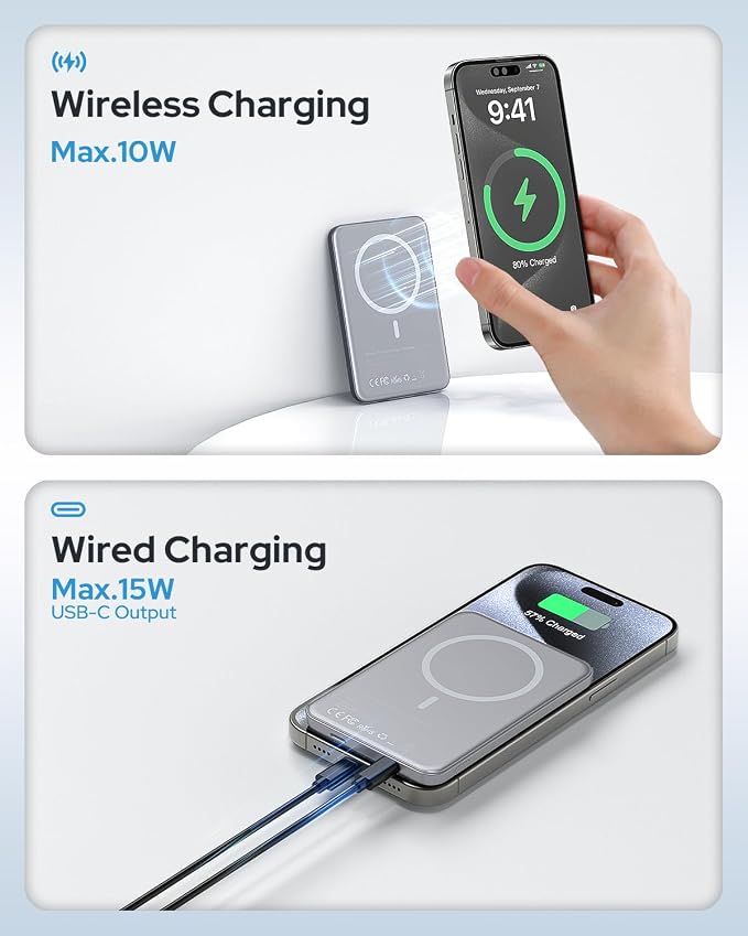 for Magsafe Portable Charger, 5000mAh Slim Wireless Magnetic Power Bank | Travel Essential for MagSafe Battery Pack with USB C Fast Charging, Compatible with 17/16/15/14/13/12 (Silver Gray) - Image 5