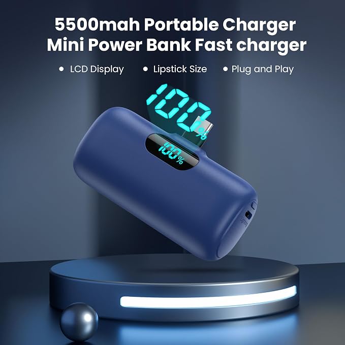 Mini Portable Charger USB C Power Bank,5500mAh PD Fast Charging Battery Pack Built-in USB-C Connector Travel Essential for iPhone17/17Pro/17Pro Max/Air/16 Plus/16Pro Max/15 Series,Android Blue - Image 2