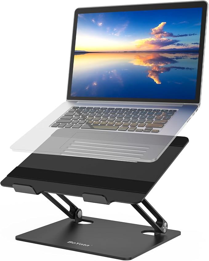 BoYata Laptop Stand, Adjustable Metal Desktop Riser, Up to 15 Inches, Black | Slide-Proof Silicone Pads and Protective Hooks Provide Stable Support for MacBook, Notebooks and Laptops up to 15 Inches by Boyata