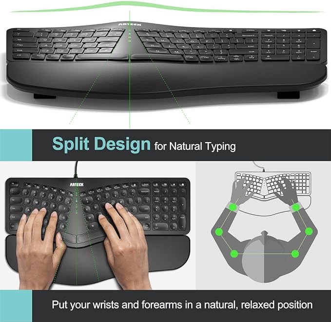 Arteck Split Ergonomic Keyboard with Palm Rest, USB Wired Backlit Keyboard - Image 2