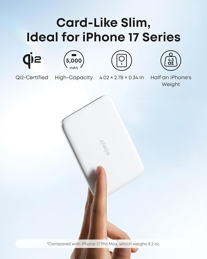 Anker Nano Magnetic Power Bank, 5,000mAh Qi2-Certified 15W Portable Charger (White) | Ultra-Slim Wireless Battery Pack with Ergonomic Design, Compact for Travel, for iPhone 17 / 16 Series and More - Image 3