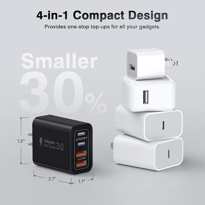 [2-Pack] 40W USB C Charger Block, 4-Port Type C Fast Charging Brick Dual PD&QC Wall Plug Adapter Power Brick for iPhone 13/14/15/16/17/Pro Max/Plus/iPad/Airpods/iwatch/Samsung Galaxy (Black) - Image 5