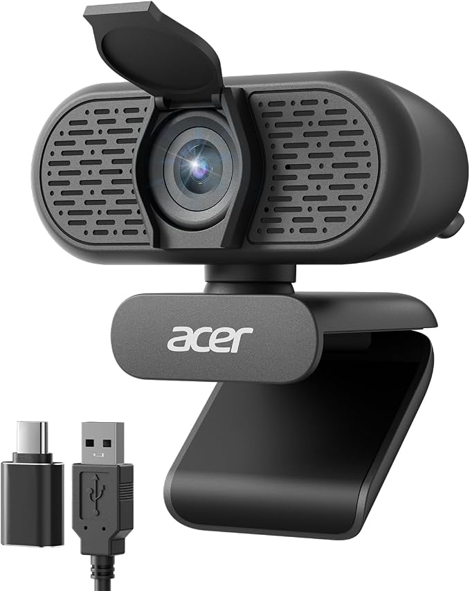 Acer 1080p Webcam USB Plug and Play Webcam for PC with Noise Cancellation Microphones Computer Camera for Desktop Streaming Gaming Online Meeting Wide Angle Privacy Cover A-to-C Adapter Easy Setup by Unknown