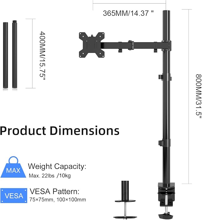 Suptek Single Monitor Arm Desk Mount Fully Adjustable Monitor Stand for 1 / One Screen up to 32 inch Extra Tall 31.5 inch Pole,Black (MD6821) - Image 2