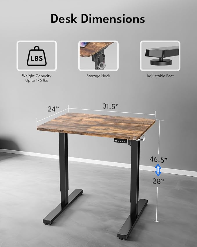 Small Electric Standing Desk, Gaming Desk, 31.5 Inch, Rustic Brown | Height Adjustable Computer Desk with Smart Controller, Sit and Stand Up Table for Home, Office, Work, Study, Writing - Image 2