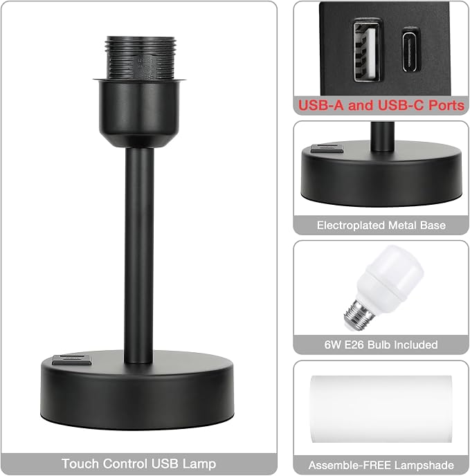 White Touch Table Lamp for Bedroom - Dimmable Bedside Desk Lamp for Kid | USB A+C Ports, 3-Way Dimmable, LED Bulb Included, White Fabric Lampshade, Matt Black Metal Base, Compact 14" Night Stand Lamp - Image 4