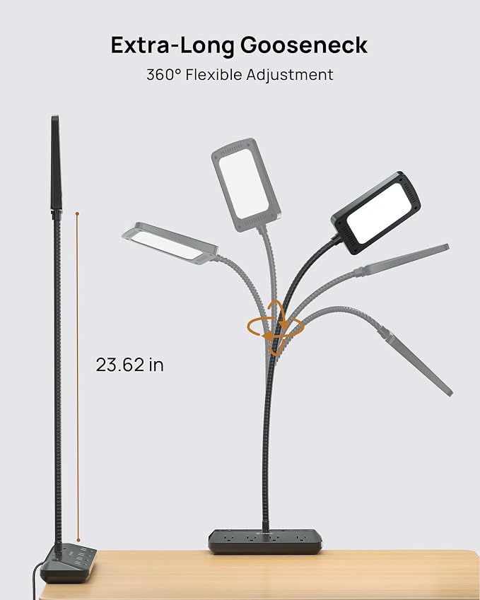 TROND LED Desk Lamp with Clamp Power Strip, 6ft Flat Plug Extension Cord | Eye Caring Desk Light with 4 Surge Protector Outlet, 15 Lighting Mode, Gooseneck for Home Office College Dorm Room Essentials - Image 4