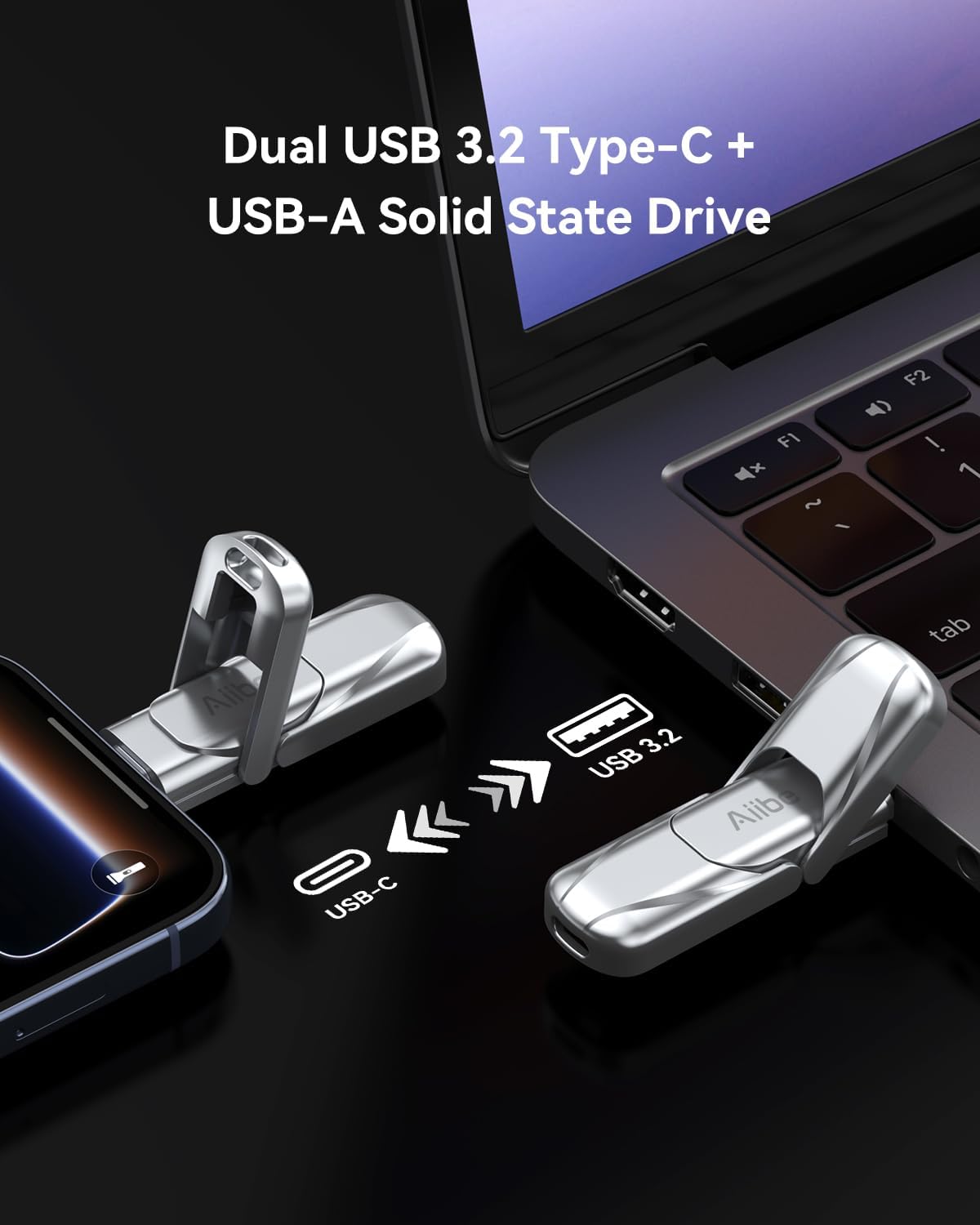 Aiibe 128GB Solid State Dual Drive up to 450MB/s USB C Solid State Drive USB 3.2 Gen 1 Metal Type C + A External Portable SSD for iPhone 15/16/17 Series Android Smartphones Tablets Laptops - Image 2
