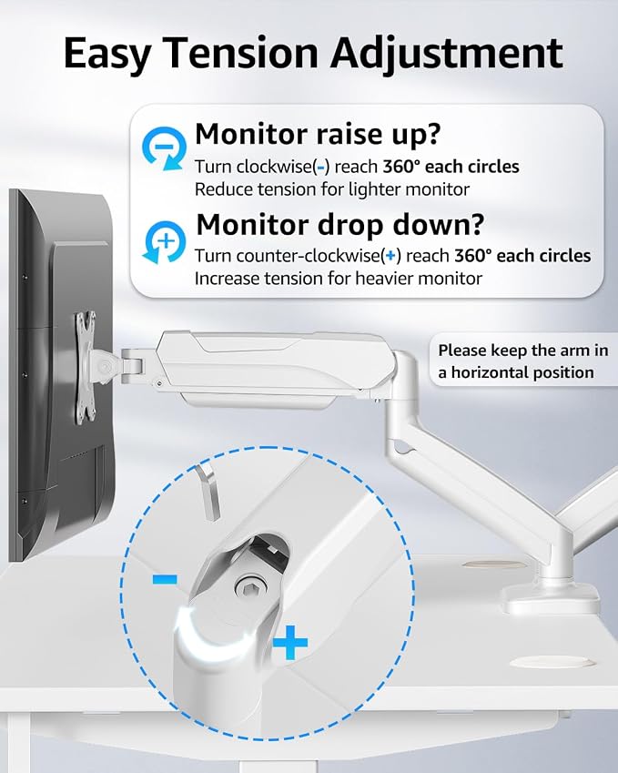 MOUNTUP Dual Monitor Stand for Desk, Monitor Arms for 2 Monitors Max 32 Inches, Height Adjustable Double Monitor Mount, VESA Mount with C-Clamp & Grommet Base, Holds 4.4-17.6lbs, White - Image 3