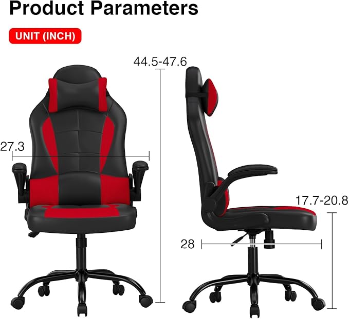 BestOffice | Gaming Chair | Red | PU Leather | with Lumbar Support | Ergonomic Racing Style Desk Chair with Recline, Padded Armrests, Headrest, Swivel & Caster Wheels | for Gamers, Home, Office - Image 3