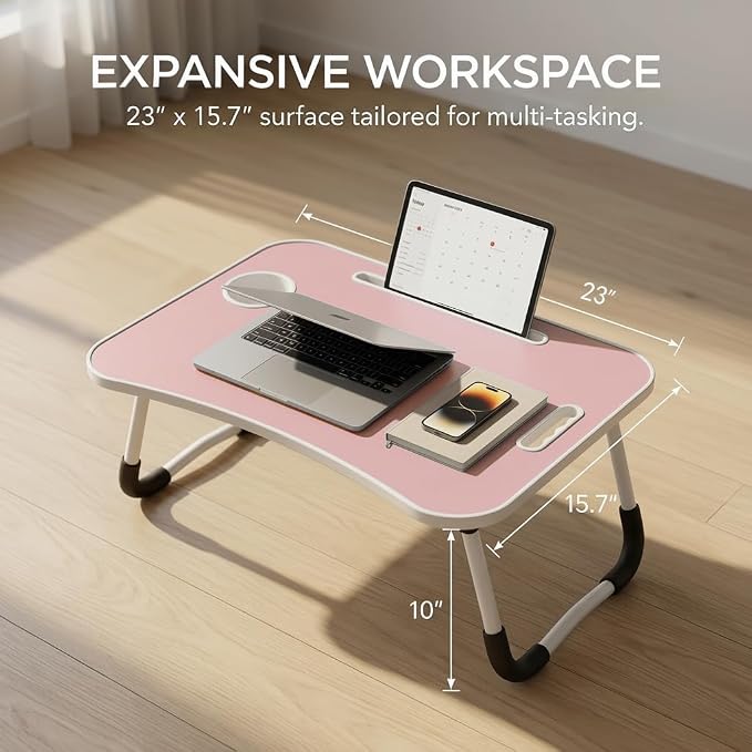 BUYIFY 23" Foldable Lap Desk for Laptop Writing w/Cup Holder Pink | Sturdy and Durable, Laptop Bed Desk with Tablet Slot, No Assembly, Space Saving for Bed Couch Dorm WFH Students - Image 4