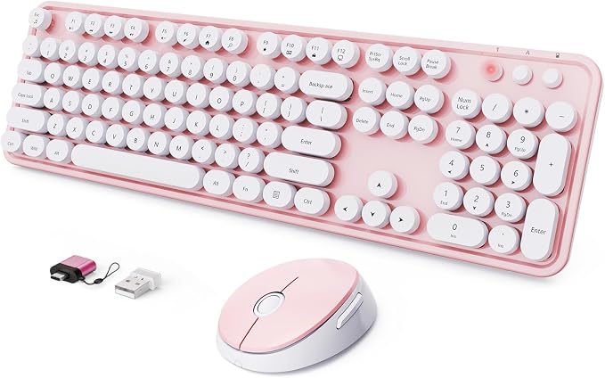 Wireless Keyboard and Mouse Combo, Ergonomic Full Size Typewriter Retro Round Keycaps Keyboard, Compatible with Windows, PC, Perfer for Home and Office Keyboards (Lovely Pink) by SkyGive