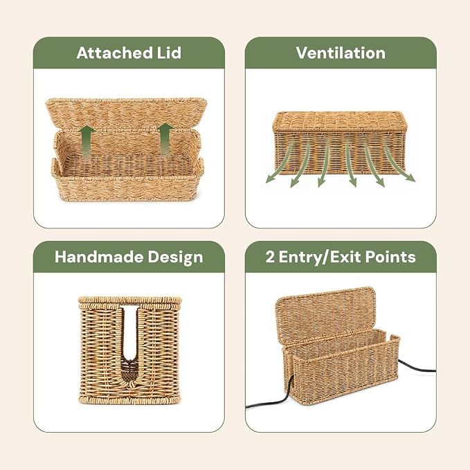 Cable Management Box, Handmade Rattan Cord Organizer for Power Strip | Open Slots Cord Hider for Power Strip, Router & USB Hub, Registered U.S. Design Patent - Image 6
