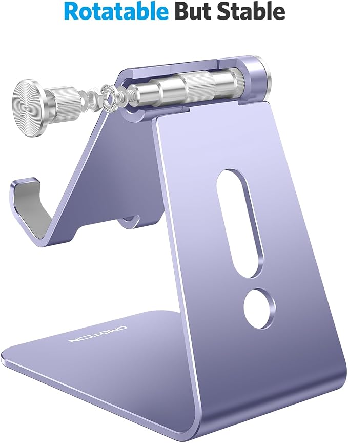 OMOTON Adjustable Cell Phone Stand, C2 Aluminum Desktop Cellphone Stand with Anti-Slip Base and Convenient Charging Port, Fits All Smart Phones, Haze Purple | Sturdy 3mm Aluminum, Charging Port, 270° Adjustable, Non-Slip Silicone Pads, Works with Thick... - Image 7