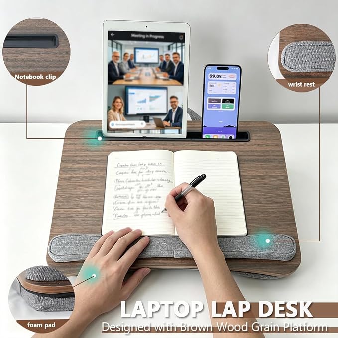 Portable Lap Desk Fits 14–17 Inch Laptops for Bed | Walnut-toned top surface,padded cushion,hand strap,pen & tablet slots for home,car & travel - Image 5
